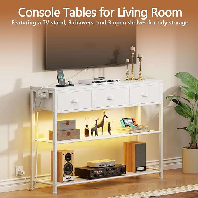 Furologee 38in Console Table with 3 Drawers, Small Sofa Table with Lights and Power Outlets, Hallway Tables with 3-Tier Shelves, White Narrow Console Table for Entryway, Living Room, Couch, Foyer-NeatNest