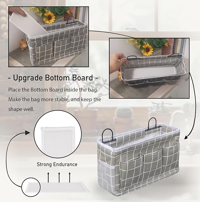 2pcs Light-Style Wall Hanging Storage Bag, Linen Fabric Door Hanging Organizer Baskets with Pockets, Waterproof Bin for Bedroom, Kitchen, Office, RV Camper (GreyGrid-2pcs)-NeatNest