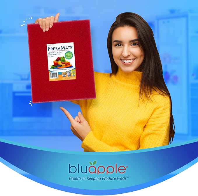 Bluapple FreshMats, Refrigerator Bin Liner, Fridge Drawer Mats, Crisper Life Extender Liner Keeps Produce Fresh Longer, Anti-Bruising, Helps Air Circulation, Washable & Reusable (4-Mats, 12x15, Red)