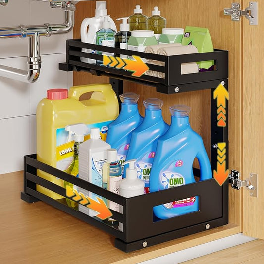 1-Pack Under Sink Organizers and Storage,2-Tier L Shape Pull Out Cabinet Organizer With Round Tube Slide Rails,Hight Adjustable Slide Out Drawers for Kitchen&Bathroom,Multi-Purpose Storage Shelf-Black-NeatNest