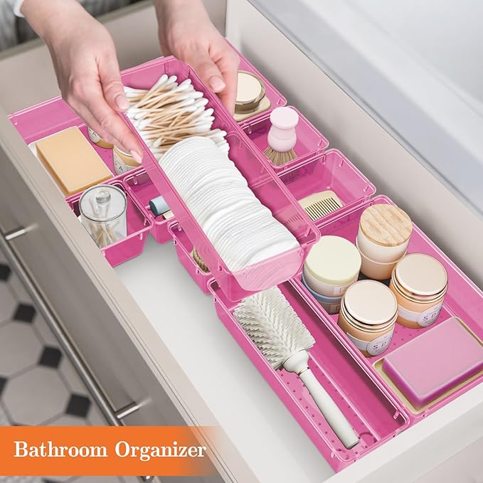 25 PCS Plastic Drawer Organizer Set, 4-Size Versatile Organizer Trays & storage Bins for Makeup, Jewelry, and Gadgets in Bathroom, Bedroom and Office, Clear Pink-NeatNest