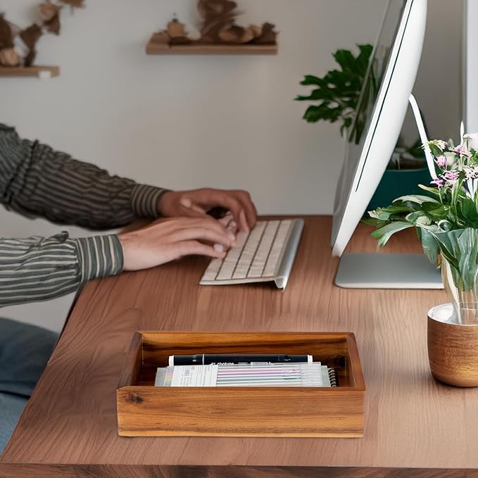 Demigo Acacia Wood Desk Organizer Tray - 9.5x6.7x2 Inch Letter & Stationery Holder for Office, Entryway, Desktop - Natural Wood Catchall for Pens, Mail, Keys-NeatNest