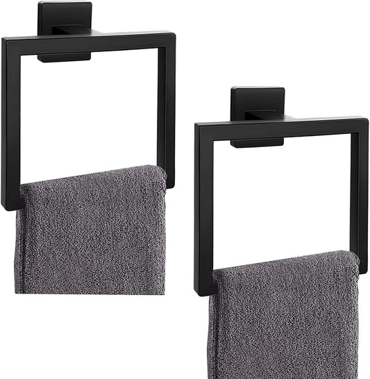 2-Piece Matte Black Square Towel Ring,Modern Hand Towel Holder for Bathroom,SUS304 Stainless Steel Towel Hangers Wall-Mounted