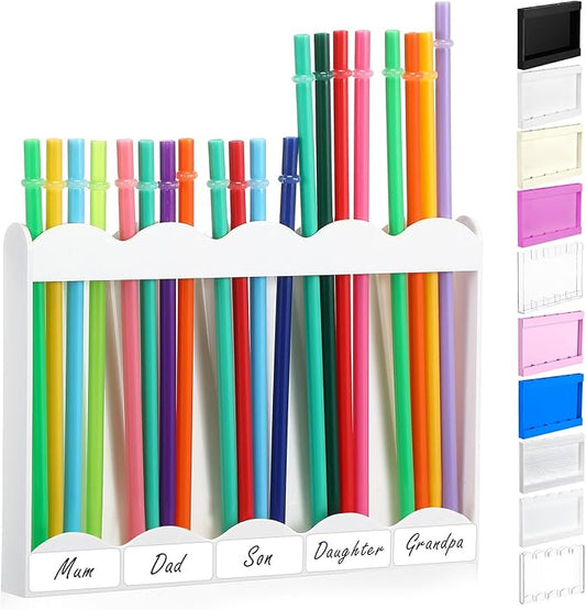 Acrylic Straw Holder for Cabinet Door with Double Sided Adhesive Tape Reusable Straw Organizer Tumbler Storage Kitchen Accessories Container for Counter Cupboard(Wave,Large,White)