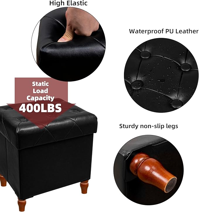 CAROLMADE Folding Storage Ottoman Cube PU Leather Footstool with Wood Legs Ottoman Footrest for Living Room and Bedroom Black, 15x12.6 x 15.4”-NeatNest