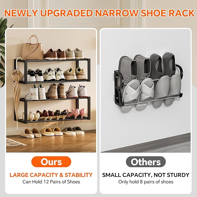 Homeiju Hanging Shoe Organizer,2 Pack Wall Mounted Shoe Rack Holds 12 Pairs,Space Saving Metal Wall Shoe Rack,Hanging Shoe Rack Shoe Holder for Small Space,Entryway,Closet,RV,Camper（Black-NeatNest