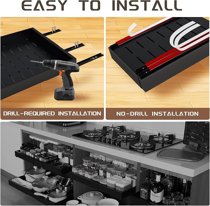 Under Sink Cabinet Organizer with Slide-Out Drawers Heavy-Duty Adjustable 12.6''-20.5'' Deep Tool-Free Adhesive & Screw Mounting, Removable Shelves for Kitchen Storage (Black)-NeatNest