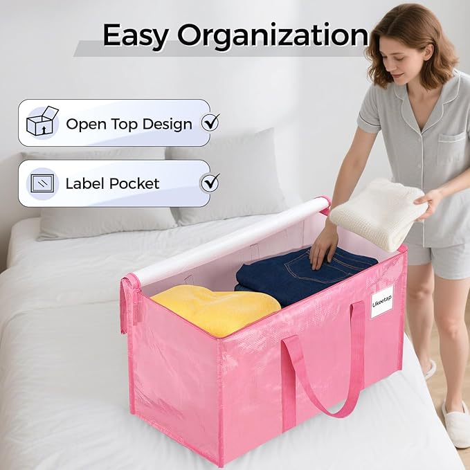 8 Pack Extra Large Heavy Duty Moving Bags, Pink Storage Bins with Lids, Reinforced Handles & Heavy-Duty Zippers Moving Boxes Storage Bags Totes for Clothes Packing, Dorms, College Supplies, Pink