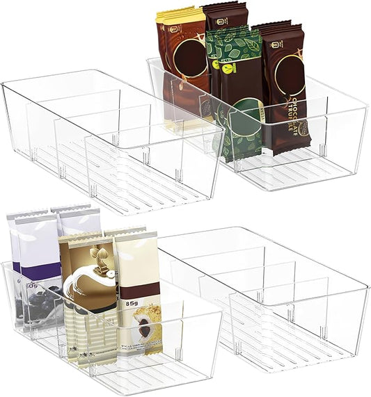 BALEINE Pantry Organizers and Storage Bins, Plastic Clear Storage Bins with 3 Removable Dividers, BPA-Free Fridge Organizers for Kitchen Cabinet Bathroom (10.5x6.1x3.5, 4PK)-NeatNest