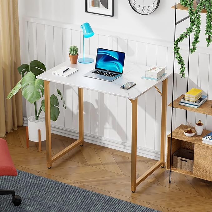 32 Inch Small Computer Desk for Bedroom，Sturdy Wooden Home Office Desk for Small Spaces，Simple Modern Style Tables with Metal Desk Legs Writing Study Table for Adults&Kids,White Gold