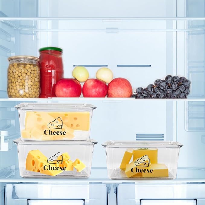 3 Pack Cheese Container Airtight with Draining Basket Cream Block Cheese Sliced Cheeses Box with Lid Saver for Fridge Deli Meat Storage Box,Cheeses Sliced,Grated,Cheddar Keeper