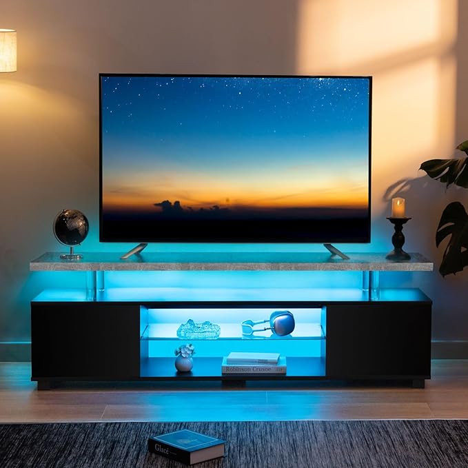 Grey TV Stand 65 inch,LED TV Stand for Living Room,Glass Entertainment Center TV, Grey and Black TV Console Tables for Living Room,Bedroom,Home Office-NeatNest