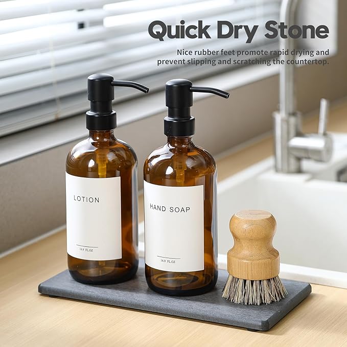 2PCS 10"x 5" Large Bathroom Sink Vanity Trays, Water Absorbing Diatomite Stone Quick Drying Mat for Kitchen Counter, Dish Rack Dispensers Sponge Holder Caddy Organizer, Dark Gray,-NeatNest