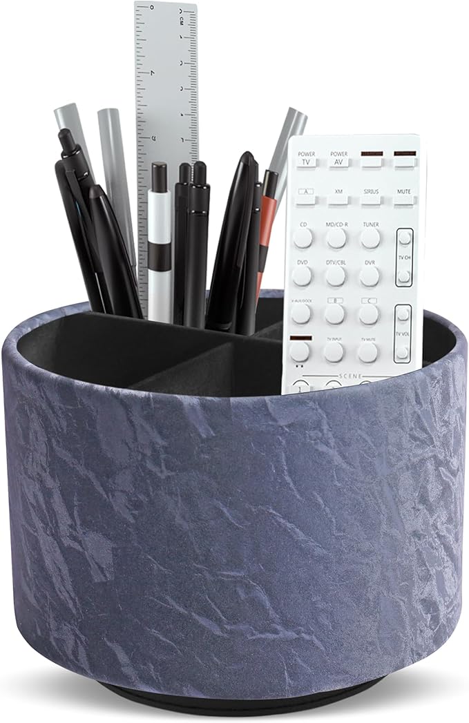 Hennaja Round Leather Art Supply Organizer,Remote Control Holder,360 Degree Spinning,Multi-Functional Pencil Holder,4 Compartments Desktop Stationary Organizer(1-Hill Blue)-NeatNest