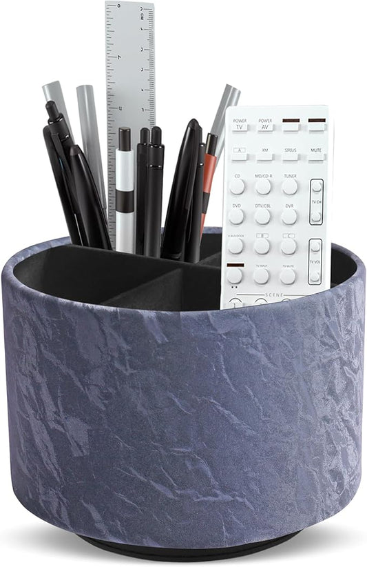 Hennaja Round Leather Art Supply Organizer,Remote Control Holder,360 Degree Spinning,Multi-Functional Pencil Holder,4 Compartments Desktop Stationary Organizer(1-Hill Blue)-NeatNest