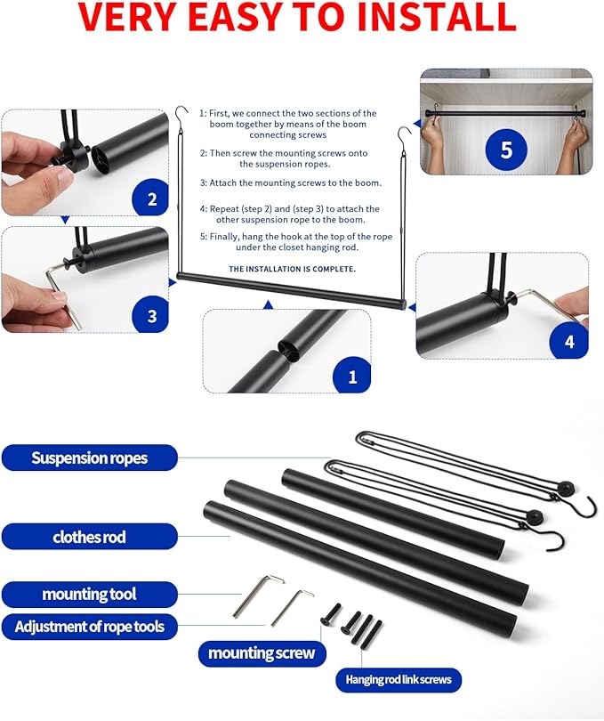 Closet Rods for Hanging Clothes 44'' Black Stepless height adjustment Heavy Duty Closet Rod for Optimize closet storage and organizing space-NeatNest