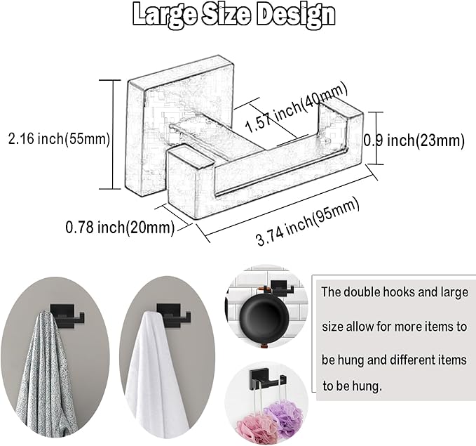 BOZWELL Double Towel Hooks for Bathroom Matte Black Wall Mount，2 Pack Modern Square Style Coat Robe Hook，Stainless Steel Heavy Duty Door Hanger for Bathroom Bedroom Kitchen Hotel Pool 1502-B-2