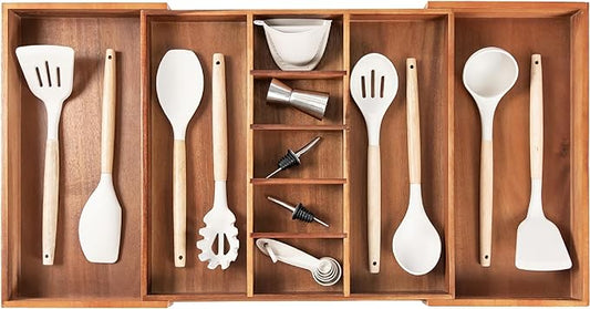 Adjustable Kitchen Drawer Organizer for Utensils and Junk, Food-Safe Contract Grade with 100% Sustainable Wood, Non-Slip, Expandable from 18.5 to 33 Inches Wide - Natural Acacia