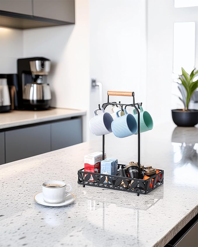 Coffee Mug Holder for Countertop, Mug Tree & Mug Rack with Storage Basket, 2-in-1 Organizer Holds 4 Large Mugs, Kitchen Cup Holder for Coffee Bar Accessories, Pods & Tea Bags, Black Metal with Handle-NeatNest