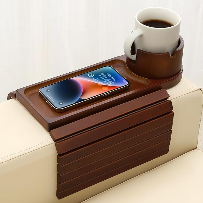 Couch Cup Holder Tray, 15.75" Bamboo Cup Holder for Couch, 3 in 1 Foldable Arm Chair Clip on Side Tray Table for Remote Snack Table on Armrest-NeatNest