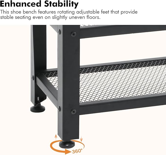 Apicizon 35.5" Shoe Rack Bench, 3-Tier Entryway Bench, with Leather Seat and Metal Frame, Loads 300 lb, Suitable for Living Room, Hallway, Mudroom, Doorway, Black-NeatNest