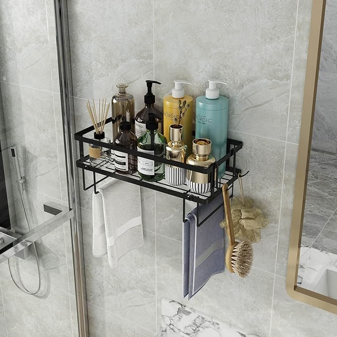 Godboat Bathroom Organizer - Over Toilet Storage, Floating Shelves with 2 Hooks, Wall Mounted Shelf Rack, Behind and Above The Tank, Gifts for Women (Black, 1-Tier)-NeatNest