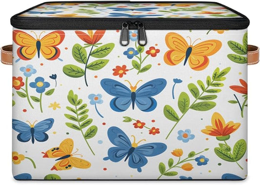 Boho Butterfly Storage Bins with Zipper Lid, Spring Plant Lidded Storage Baskets Boxes Foldable Organizer with Leather Handles for Clothes Closet Shelf Toys-NeatNest