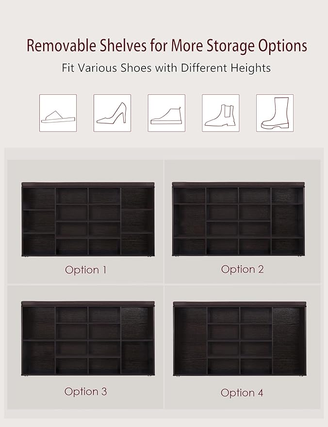 DINZI LVJ Shoe Storage Bench with Cushion, 14-Cubby Shoe Rack, Adjustable Shelves, Multifunctional Shoe Organizer Bench for Entryway, Mudroom, Hallway, Living Room, Bedroom and Garage, Espresso-NeatNest