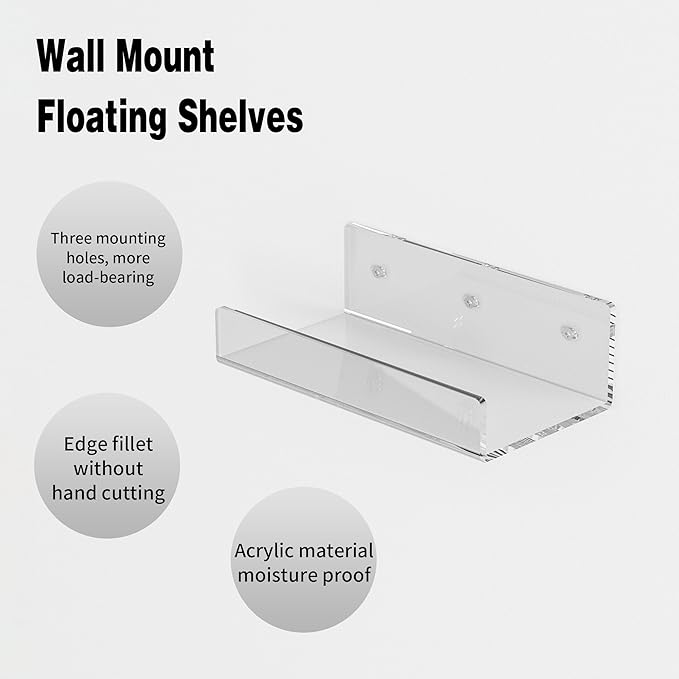 7'' Clear Acrylic Wall Shelf 2 Pack, Acrylic Floating Shelves, Acrylic Small Shelf for Books, Home Décor, Digital Clock, Speaker, Wine Bottle-NeatNest
