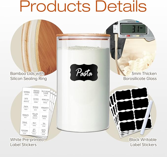 Glass Jars with Bamboo Lids 17 FL OZ [Set of 12], Glass Canisters with Airtight Lids, Glass Food Storage Containers for Spice, Coffee, Sugar, Tea, Candies, Cookies,Best for Kitchen & Pantry-NeatNest