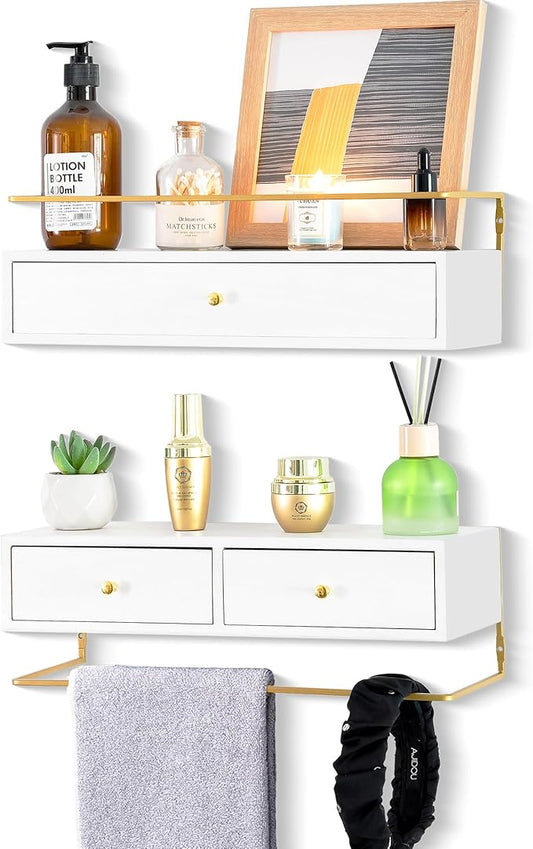 Floating Shelves for Wall Storage, Wall Mounted Bathroom Shelf with Drawers Set of 2, Rustic Wood Floating Drawers for Living Room, Kitchen, Wall Decor, Plants, Books, White-NeatNest