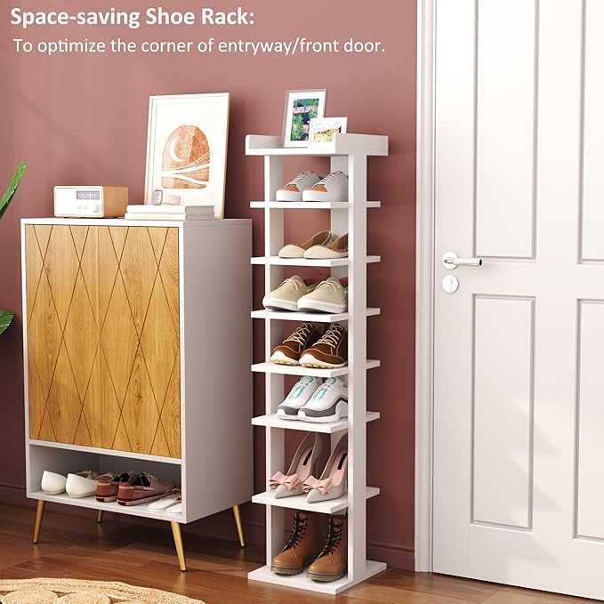 HOMEFORT 7-Tier Wood Shoe Rack, Entryway Shoe Tower,Vertical Shoe Organizer, Wooden Shoe Storage Stand, White-NeatNest