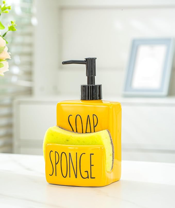 Ceramic soap Dispenser with Sponge Holder for Kitchen Sink Bathroom Counter top Storage and Organization (Yellow)-NeatNest