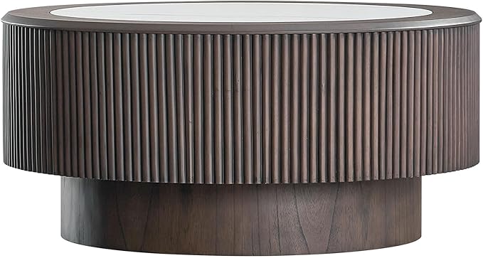 Modern Marble Pattern Round Coffee Table Set of 2,MDF End Table with Sturdy Pedestal for Living Room Office,(35.43" and 23.62",Dark Brown)