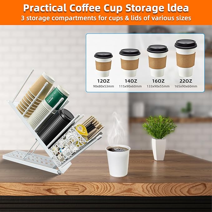 Coffee Bar Organizer Countertop, Metal Coffee Station Organizer with Straw Holder & Clean Brush, 4 Compartment Cup and Lid Holder Cup Dispenser Accessories Station (White)-NeatNest