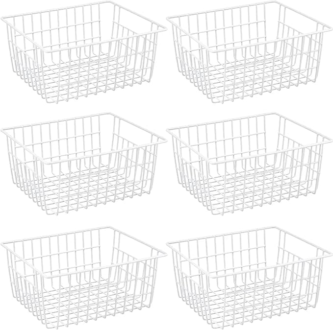 15.2" Metal Wire Baskets for Organizing 6 Pack, Household Pantry Storage Freezer Organizer Bins with Handles, Freezer Baskets for Upright Freezer, Refrigerators, Kitchen Cabinets, White
