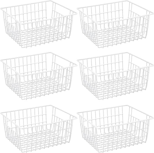 15.2" Metal Wire Baskets for Organizing 6 Pack, Household Pantry Storage Freezer Organizer Bins with Handles, Freezer Baskets for Upright Freezer, Refrigerators, Kitchen Cabinets, White