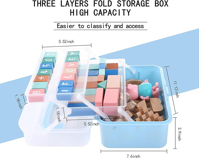 11(in) Versatile Three-Layer Folding Organizer Box,Ideal for Art & Crafts,Toys,Sewing Supplies,Jewelry and Tools,Storage with Dual Trays,Elegant Blue