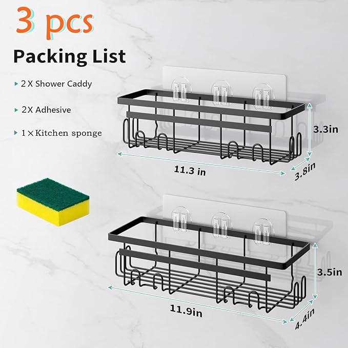 Self Adhesive Shower Caddy, 2-Pack No Drilling Rustproof Bathroom Organizers and Storage with Save Space Hooks, Apartment Essentials for Bathroom, Kitchen & Living Room