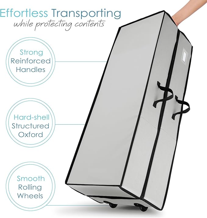 Hearth & Harbor Wrapping Paper Storage Container with Ribbon Dispenser and Interior Pockets - Large Christmas Storage Containers with Wheels, Fits 30 Rolls of 40" Length, Silver-NeatNest