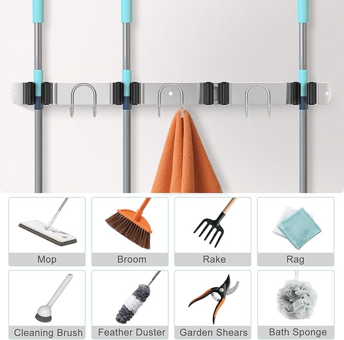 Mop Broom Holder Wall Mount, 2 Packs Silver Stainless Steel Tool Storage Organizer for Kitchen Garden Garage Laundry Room Bathroom and RV with 4 Slots 6 Hooks-NeatNest