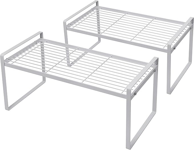 2Pack Cabinet Shelf Organizer Storage Rack Space Saving for Kitchen Counter Pantry Bathroom Cupboard Under Sink Office Table Desk Steel Stackable Rust Resistant Heavy Duty Nonslip 16” White-NeatNest