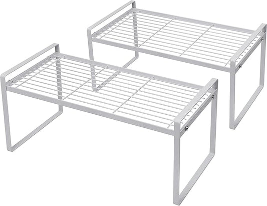 2Pack Cabinet Shelf Organizer Storage Rack Space Saving for Kitchen Counter Pantry Bathroom Cupboard Under Sink Office Table Desk Steel Stackable Rust Resistant Heavy Duty Nonslip 16” White-NeatNest