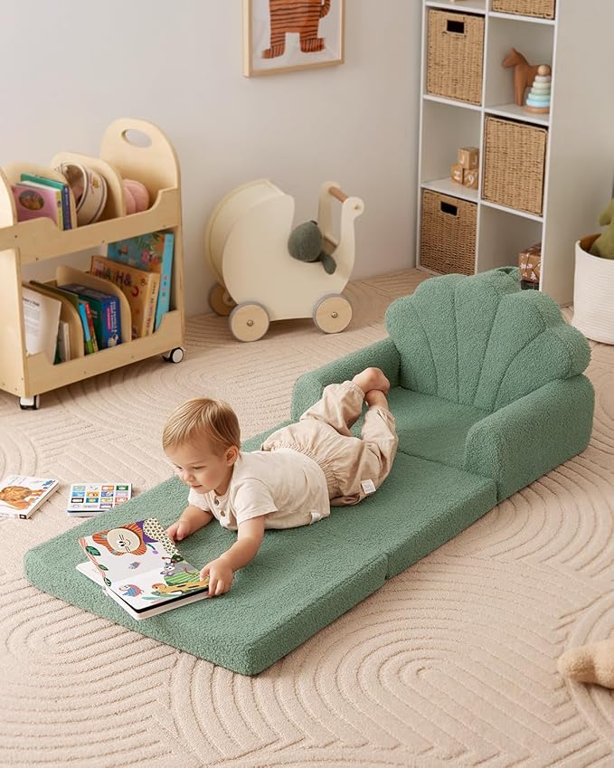 Blissful Diary Kids Couch, 2-in-1 Soft Toddler Couch Fold Out, Toddler Chair Comfy, Convertible Sofa to Lounger, Kids Furniture for Playroom, Gift for Birthday, Children's Day, Green Shell-NeatNest