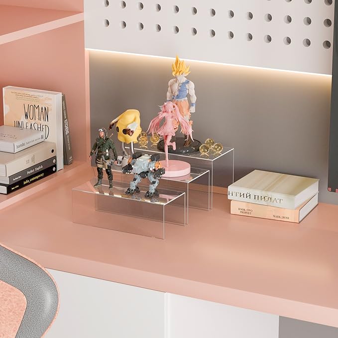 Clear Display Risers Shelf 3pcs, Countertop Rectangular Acrylic Display Storage Organizer, Acrylic Stands for Funko Pop Figure, Cosmetics, Bags, Shoes, Toys, Collectibles - 12- 4'', 5'', 6''-NeatNest