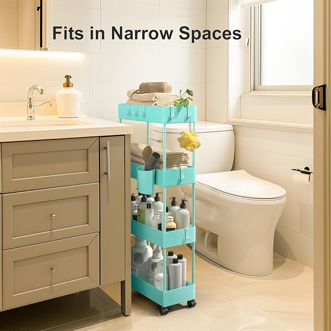 Pipishell Slim Storage Cart with Wheels, 4 Tier Bathroom Storage Organizer Rolling Utility Cart for Bathroom Kitchen Laundry Room Office Narrow Place (Turquoise)-NeatNest
