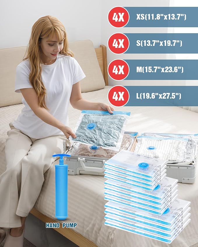 Travel Vacuum Storage Bags with Hand Pump, 16 Pack (4L+4M+4S+4XS) Vacuum Seal Bag Travel Essentials Space Saving Bags for Clothes, Luggage, Carry-on Suitcase, Backpack, Holiday Business Trip-NeatNest