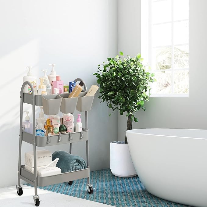 danpinera 3-Tier Rolling Cart, Metal Rolling Storage Cart with Lockable Wheels & Hanging Cups & Hooks, Mobile Trolley Cart for Kitchen, Bathroom, Office, Workshop, Gray-NeatNest