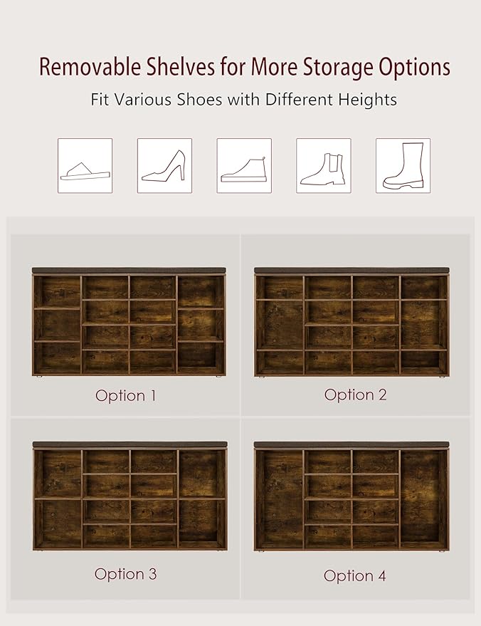 DINZI LVJ Shoe Storage Bench with Cushion, 14-Cubby Shoe Rack, Adjustable Shelves, Multifunctional Shoe Organizer Bench for Entryway, Mudroom, Hallway, Living Room, Bedroom and Garage, Rustic Brown-NeatNest