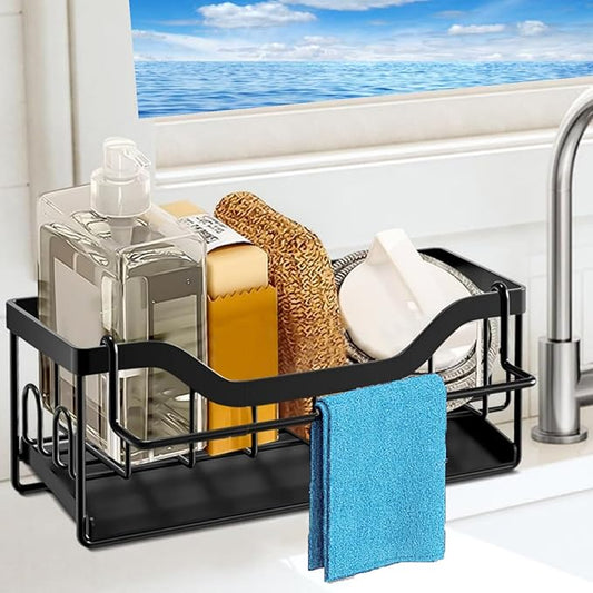 Sponge Holder for Kitchen Sink - Sink Caddy Organizer with Auto Drain Tray, Detachable Towel Rack, Stainless Steel Kitchen Counter Organizer Rack, Black-NeatNest